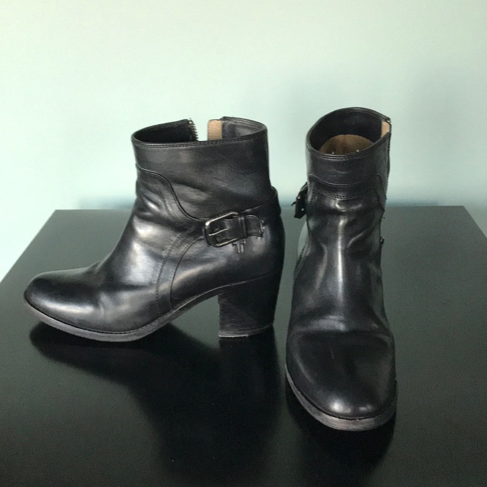 Frye booties with buckle and zipper